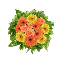 Nine Mixed Gerberas, four Orange Roses and Green leaves  in a Bu